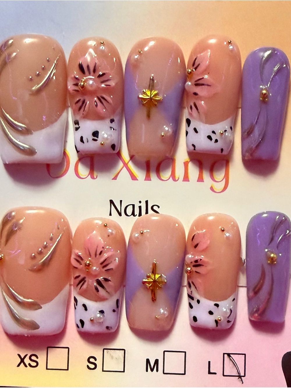 Press-On Nail Set in Pink & Purple with Floral Accents